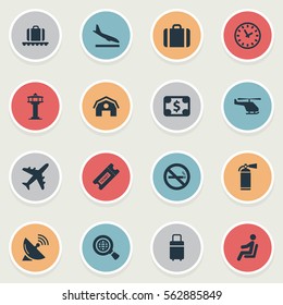 Set Of 16 Simple Airport Icons. Can Be Found Such Elements As Antenna, Alighting Plane, Flight Control Tower And Other.