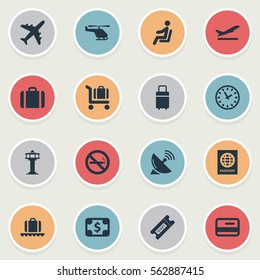 Set Of 16 Simple Airport Icons. Can Be Found Such Elements As Antenna, Certificate Of Citizenship, Currency And Other.
