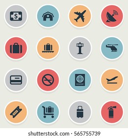 Set Of 16 Simple Airport Icons. Can Be Found Such Elements As Coupon , Garage , Handbag.