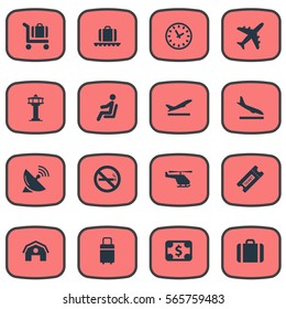 Set Of 16 Simple Airport Icons. Can Be Found Such Elements As Takeoff, Cigarette Forbidden, Handbag.