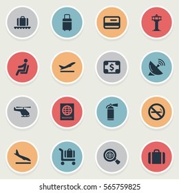 Set Of 16 Simple Airport Icons. Can Be Found Such Elements As Antenna, Cigarette Forbidden, Luggage Carousel And Other.