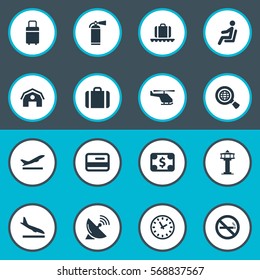 Set Of 16 Simple Airport Icons. Can Be Found Such Elements As Watch, Antenna, Cigarette Forbidden And Other.