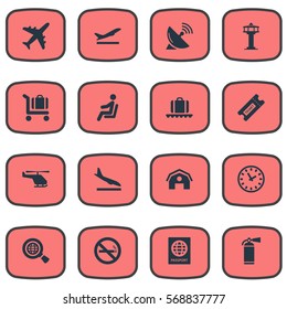 Set Of 16 Simple Airport Icons. Can Be Found Such Elements As Air Transport, Alighting Plane, Watch And Other.