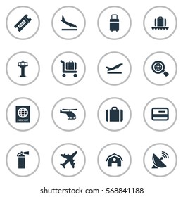 Set Of 16 Simple Airport Icons. Can Be Found Such Elements As Alighting Plane, Handbag, Luggage Carousel.