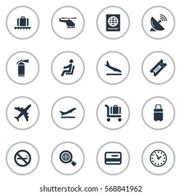 Set Of 16 Simple Airport Icons. Can Be Found Such Elements As Global Research, Luggage Carousel, Alighting Plane And Other.