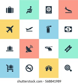 Set Of 16 Simple Airport Icons. Can Be Found Such Elements As Currency, Protection Tool, Global Research And Other.