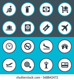 Set Of 16 Simple Airport Icons. Can Be Found Such Elements As Garage, Alighting Plane, Protection Tool And Other.