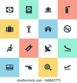 Set Of 16 Simple Airport Icons. Can Be Found Such Elements As Luggage Carousel, Coupon, Alighting Plane And Other.