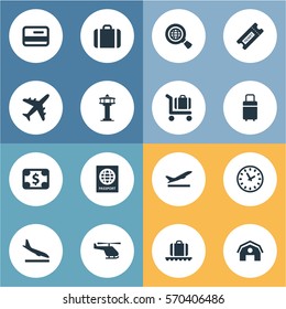 Set Of 16 Simple Airport Icons. Can Be Found Such Elements As Credit Card, Watch, Baggage Cart And Other.