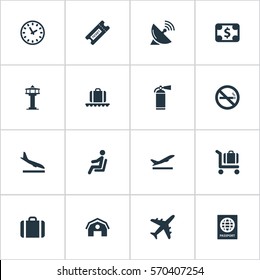 Set Of 16 Simple Airport Icons. Can Be Found Such Elements As Plane, Alighting Plane, Antenna And Other.