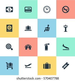 Set Of 16 Simple Airport Icons. Can Be Found Such Elements As Luggage Carousel, Handbag, Global Research.