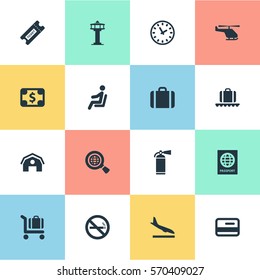 Set Of 16 Simple Airport Icons. Can Be Found Such Elements As Air Transport , Seat, Handbag.
