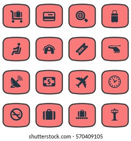 Set Of 16 Simple Airport Icons. Can Be Found Such Elements As Handbag, Antenna , Cigarette Forbidden.