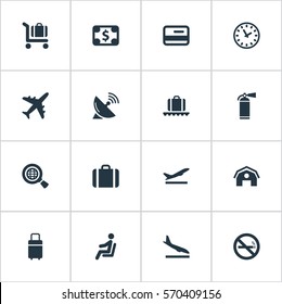 Set Of 16 Simple Airport Icons. Can Be Found Such Elements As Baggage Cart, Alighting Plane, Cigarette Forbidden And Other.