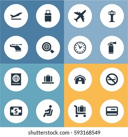 Set Of 16 Simple Airport Icons. Can Be Found Such Elements As Plane, Travel Bag, Flight Control Tower And Other.