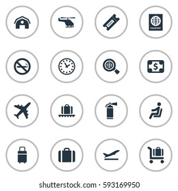 Set Of 16 Simple Airport Icons. Can Be Found Such Elements As Travel Bag, Garage, Coupon And Other.