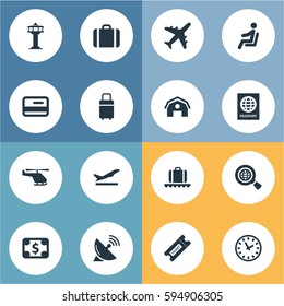 Set Of 16 Simple Airport Icons. Can Be Found Such Elements As Air Transport, Currency, Luggage Carousel And Other.