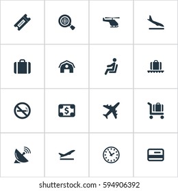 Set Of 16 Simple Airport Icons. Can Be Found Such Elements As Alighting Plane, Air Transport , Handbag.