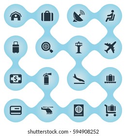 Set Of 16 Simple Airport Icons. Can Be Found Such Elements As Luggage Carousel, Alighting Plane, Credit Card And Other.