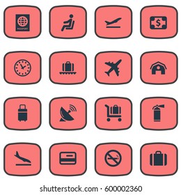 Set Of 16 Simple Airport Icons. Can Be Found Such Elements As Takeoff, Credit Card, Travel Bag And Other.