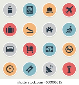 Set Of 16 Simple Airport Icons. Can Be Found Such Elements As Watch, Cigarette Forbidden, Certificate Of Citizenship And Other.