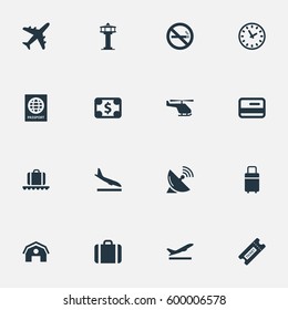 Set Of 16 Simple Airport Icons. Can Be Found Such Elements As Garage, Antenna, Flight Control Tower And Other.