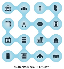 Set Of 16 Simple Architecture Icons. Can Be Found Such Elements As Floor, Gate, Residence And Other.