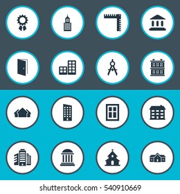 Set Of 16 Simple Architecture Icons. Can Be Found Such Elements As Structure, School, Engineer Tool And Other.