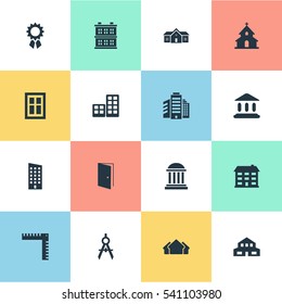 Set Of 16 Simple Architecture Icons. Can Be Found Such Elements As Floor, Reward, Flat And Other.