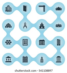 Set Of 16 Simple Architecture Icons. Can Be Found Such Elements As Academy, Floor, Residential And Other.