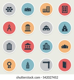 Set Of 16 Simple Architecture Icons. Can Be Found Such Elements As Residence, Popish, Gate And Other.