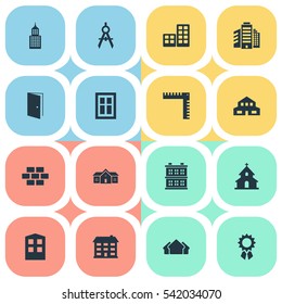 Set Of 16 Simple Architecture Icons. Can Be Found Such Elements As Superstructure, Engineer Tool, Residential And Other.