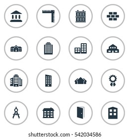 Set Of 16 Simple Architecture Icons. Can Be Found Such Elements As Gate, Shelter, Residential And Other.