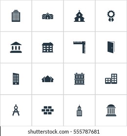 Set Of 16 Simple Architecture Icons. Can Be Found Such Elements As Offices, Residence, Length And Other.