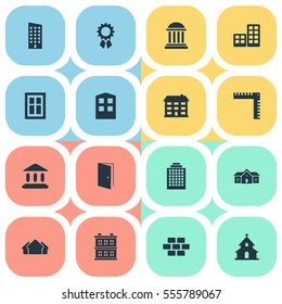 Set Of 16 Simple Architecture Icons. Can Be Found Such Elements As Stone, Length, Shelter And Other.
