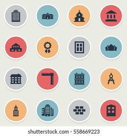 Set Of 16 Simple Architecture Icons. Can Be Found Such Elements As Popish, Residential, Glazing And Other.