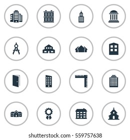 Set Of 16 Simple Architecture Icons. Can Be Found Such Elements As Reward, Length, School And Other.