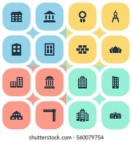 Set Of 16 Simple Architecture Icons. Can Be Found Such Elements As Residence, Floor, Booth And Other.