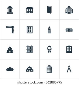Set Of 16 Simple Architecture Icons. Can Be Found Such Elements As Gate, Residential, Engineer Tool And Other.