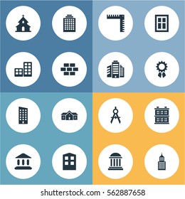 Set Of 16 Simple Architecture Icons. Can Be Found Such Elements As Flat, Offices, Structure And Other.
