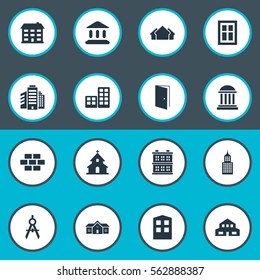 Set Of 16 Simple Architecture Icons. Can Be Found Such Elements As Structure, Booth, Construction And Other.