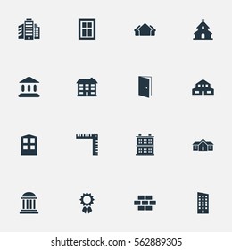 Set Of 16 Simple Architecture Icons. Can Be Found Such Elements As Shelter, Floor, Block And Other.