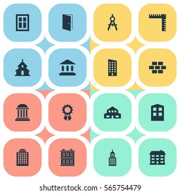 Set Of 16 Simple Architecture Icons. Can Be Found Such Elements As Booth, Offices, Popish And Other.