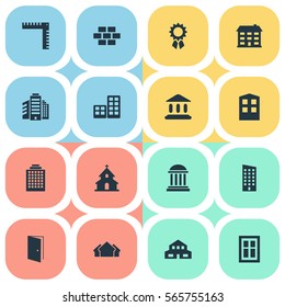 Set Of 16 Simple Architecture Icons. Can Be Found Such Elements As Flat, Length, Offices And Other.