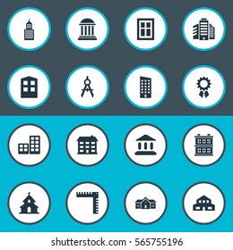 Set Of 16 Simple Architecture Icons. Can Be Found Such Elements As Engineer Tool, Superstructure, Popish And Other.