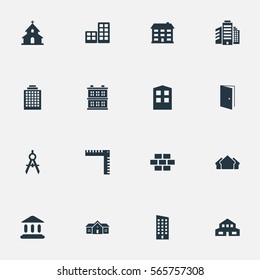 Set Of 16 Simple Architecture Icons. Can Be Found Such Elements As School, Residential, Superstructure And Other.