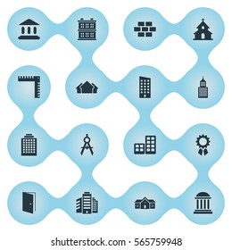 Set Of 16 Simple Architecture Icons. Can Be Found Such Elements As Booth, Structure, Gate And Other.
