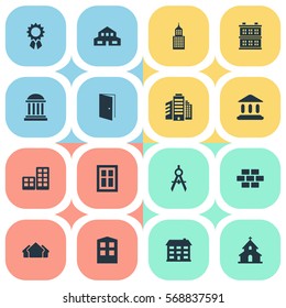 Set Of 16 Simple Architecture Icons. Can Be Found Such Elements As Gate, Popish, Academy And Other.