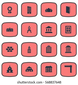 Set Of 16 Simple Architecture Icons. Can Be Found Such Elements As Residential, Floor, Length And Other.
