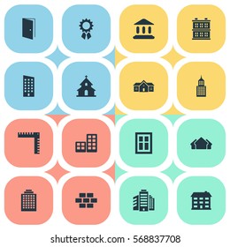 Set Of 16 Simple Architecture Icons. Can Be Found Such Elements As Shelter, Block, Length And Other.